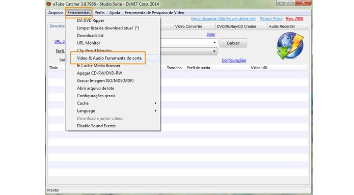 aTube Catcher oferece uma ferramenta de corte no menu