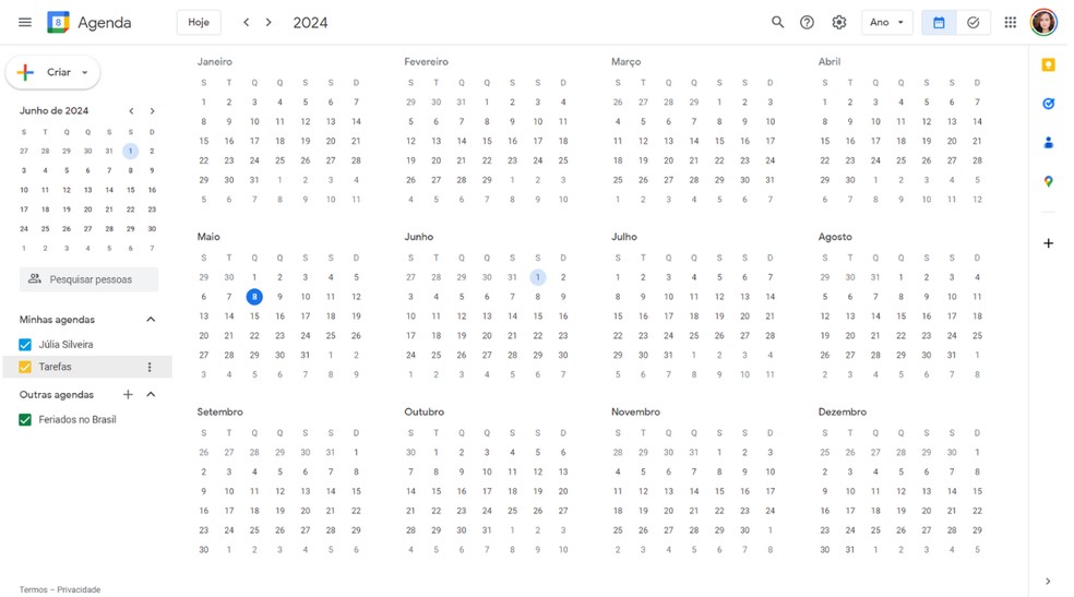 É possível visualizar compromissos do Google Agenda por ano, mês, semana e dias, além de listas de compromissos — Foto: Reprodução/Júlia Silveira