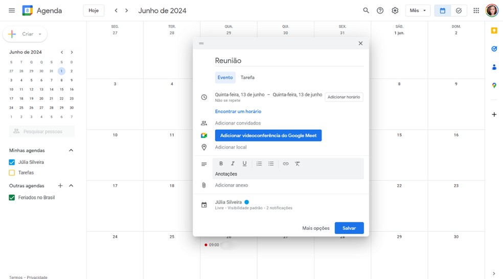É possível incluir notas, links, anexos e reuniões do Meet nos eventos cadastrados no Google Agenda — Foto: Reprodução/Júlia Silveira