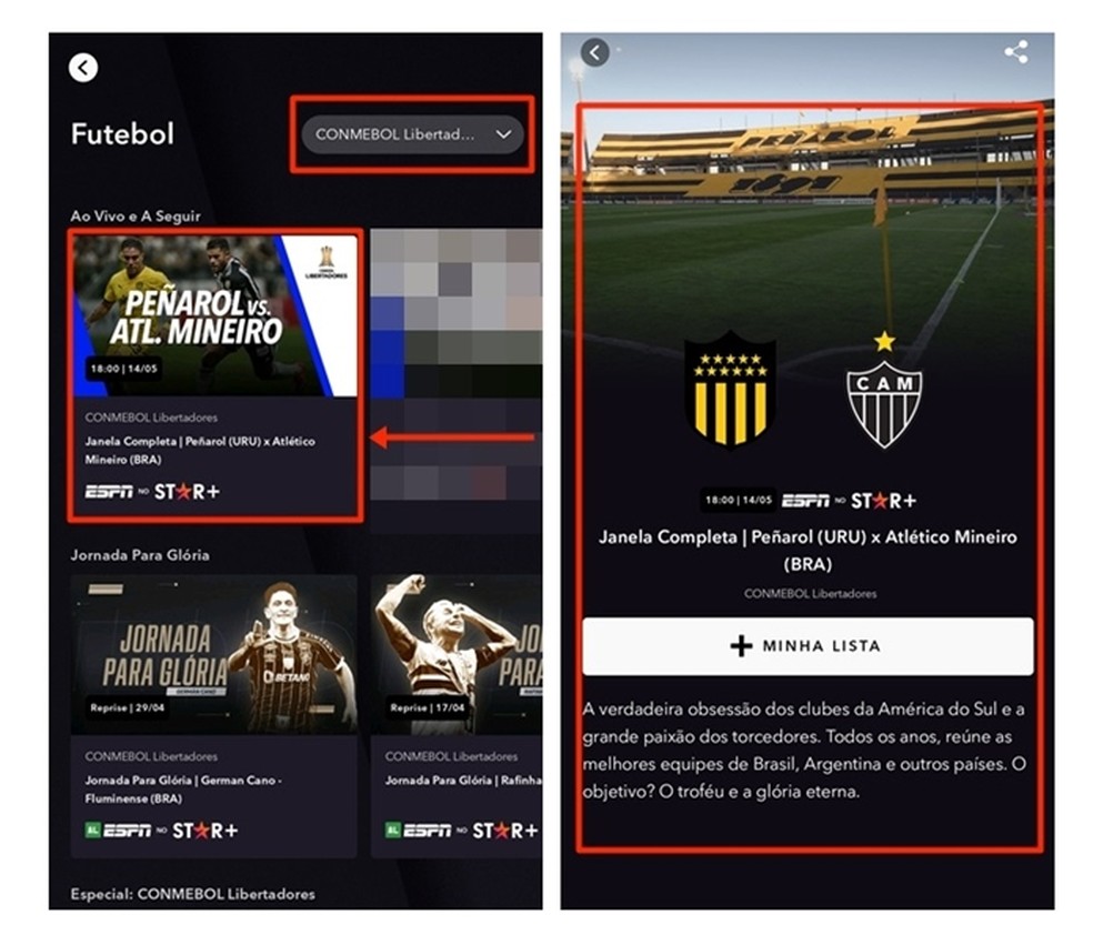 Depois de abrir a página de transmissões de futebol da ESPN, torcedor seleciona o banner do jogo do Atlético-MG para acompanhá-lo hoje — Foto: Reprodução/Gabriela Andrade