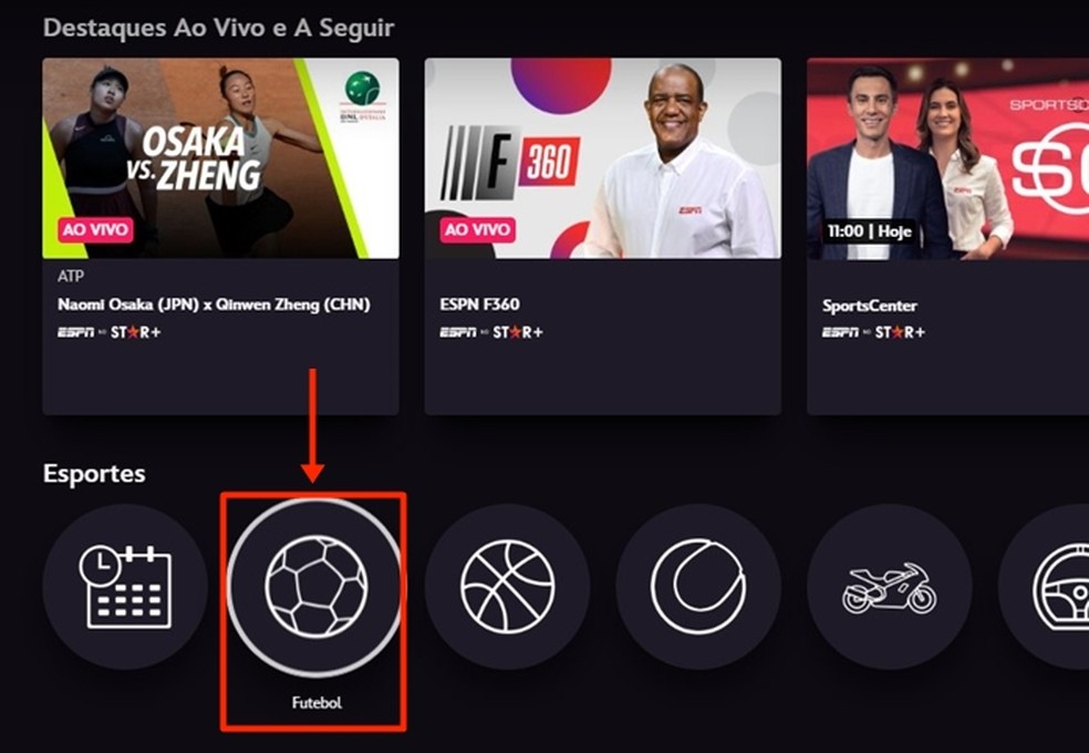 Dentro do campo "Esportes", no Star+, público deve optar pelo ícone da bola de futebol para ter acesso à tela de transmissões ao vivo — Foto: Reprodução/Gabriela Andrade