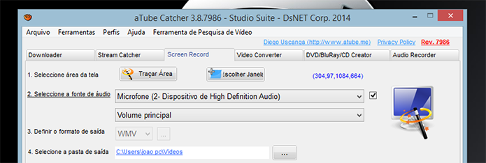 Iniciando a configuração de captura de tela do Atube Catcher